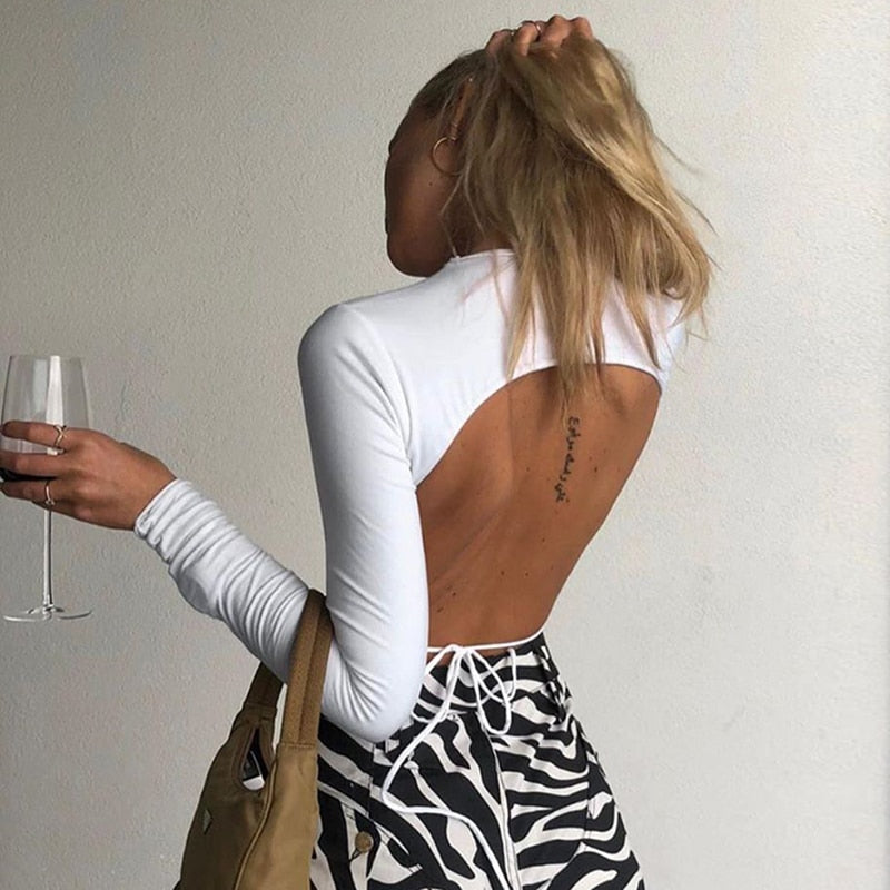 Basic Short T-shirts Backless Sexy Crop Top Long Sleeve