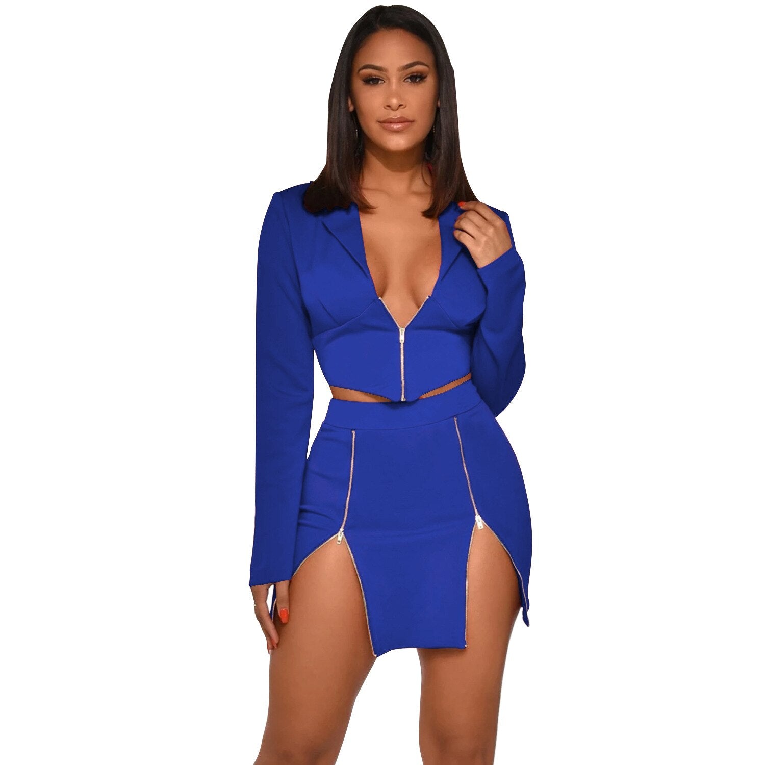 Sexy Two Piece Club Outfits Zipper Long Sleeve Crop Top Blazer and Skirt