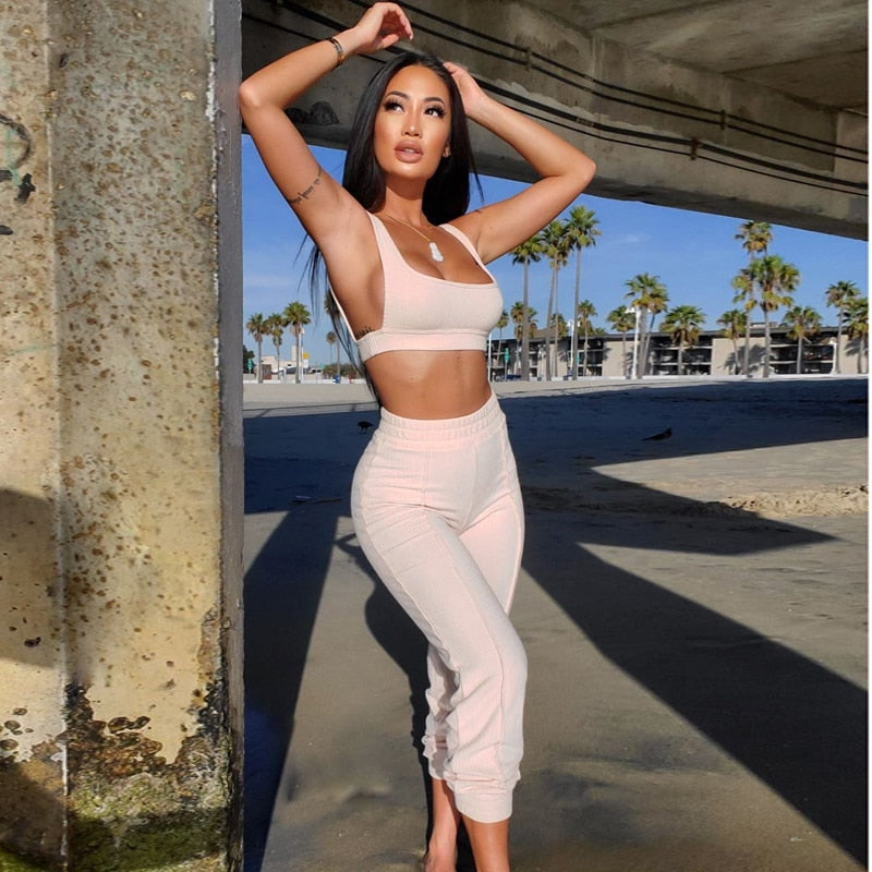 Ribbed Two Piece Outfits Crop Top Long Pants