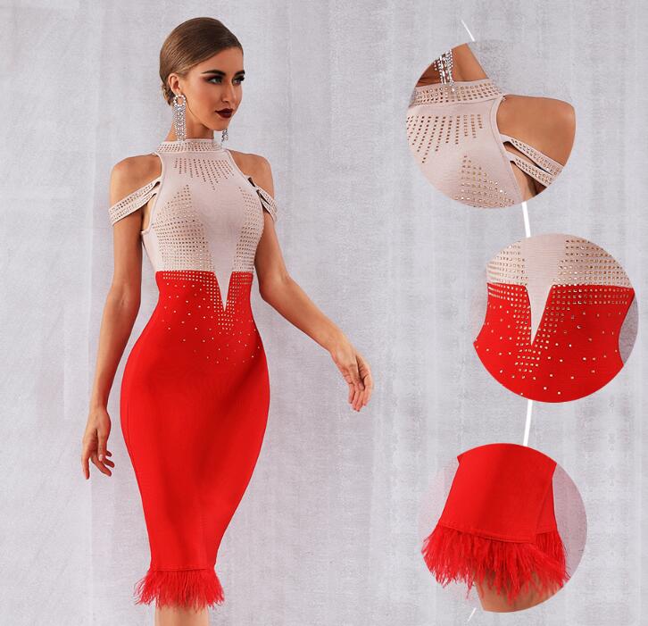 Elegant Red Off Shoulder Sexy Feather