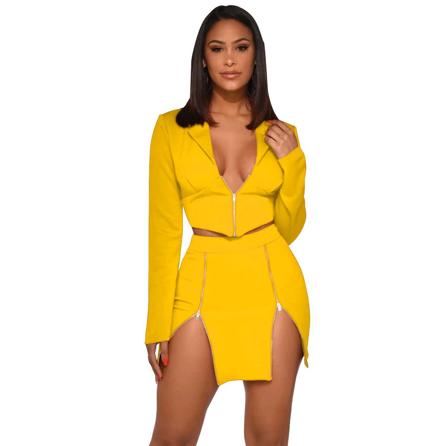 Sexy Two Piece Club Outfits Zipper Long Sleeve Crop Top Blazer and Skirt