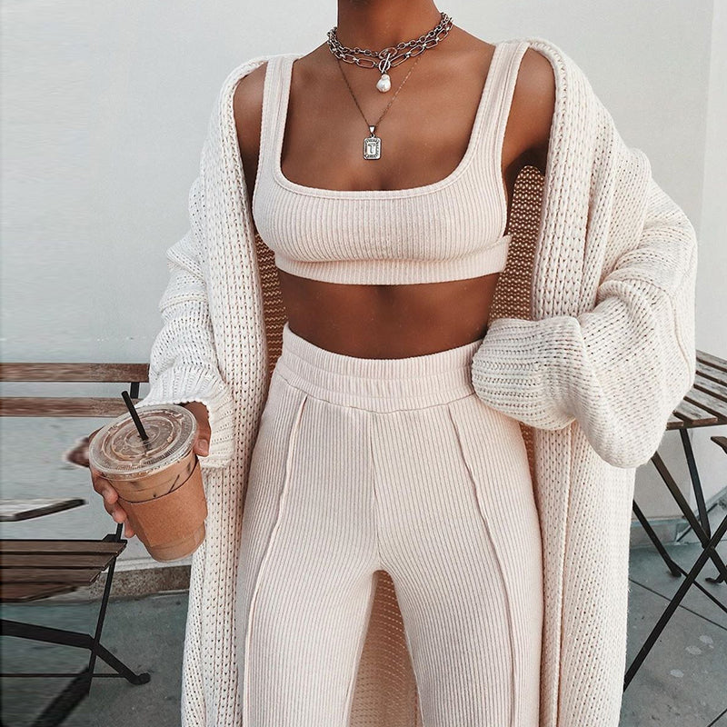 Ribbed Two Piece Outfits Crop Top Long Pants