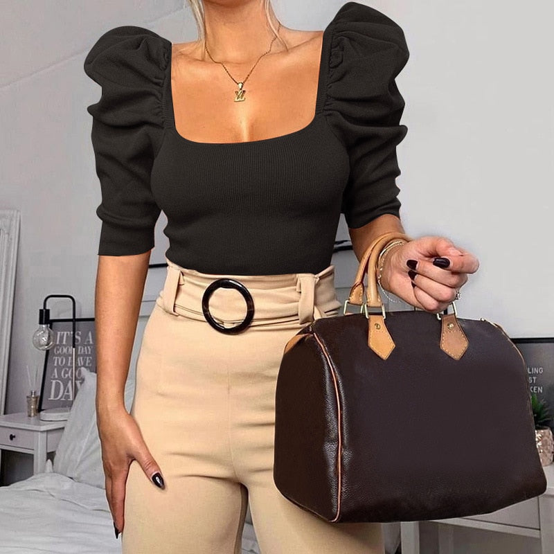 sexy square collar Puff sleeves