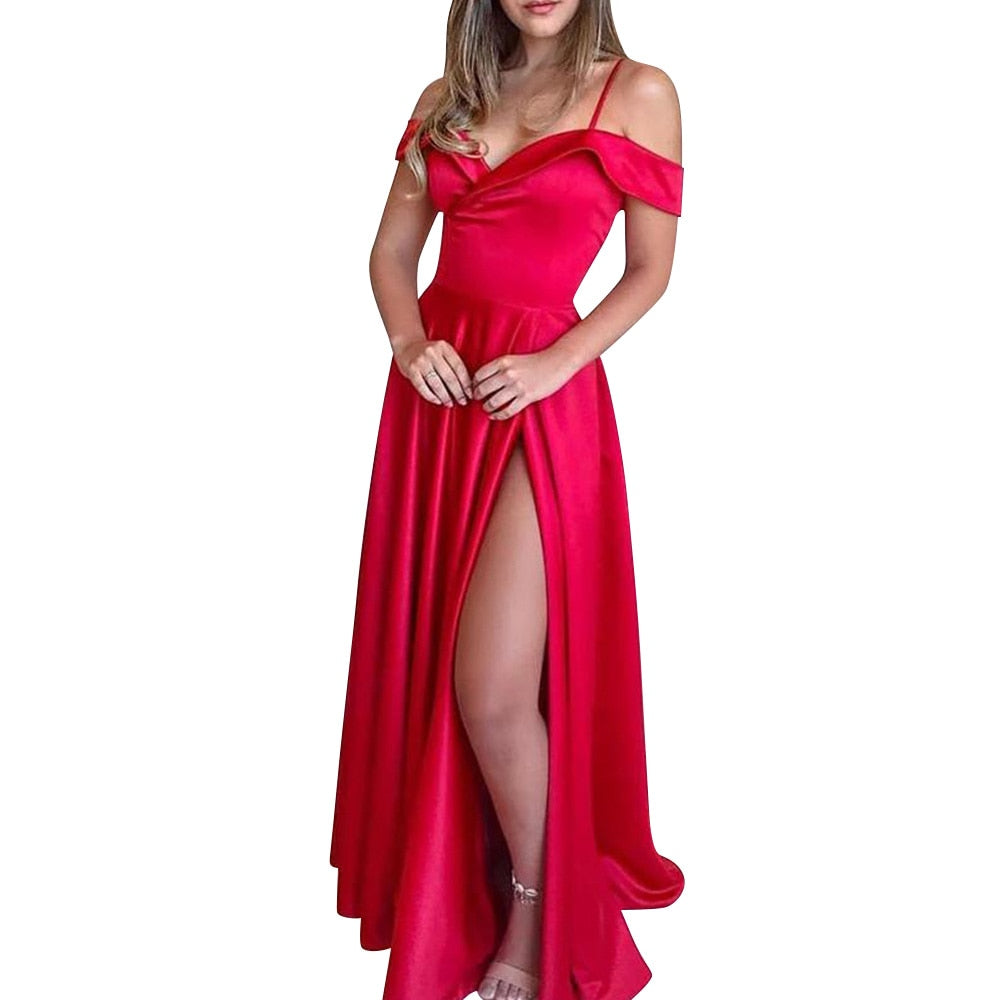 Red Slit Long Dress Formal Women Off Shoulder